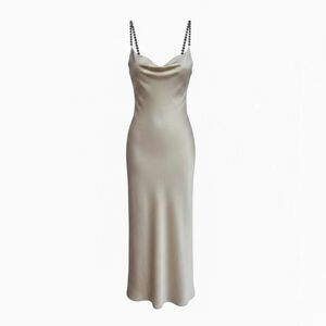 Zara NWT Rhinestone Straps Midi Slip Dress Beige Size Large